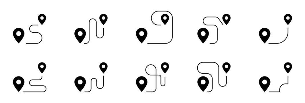 10 iconos de rutas de navegaci&oacute;n para mapas que representan trayectos, direcciones y geolocalizaci&oacute;n, estilo l&iacute;nea