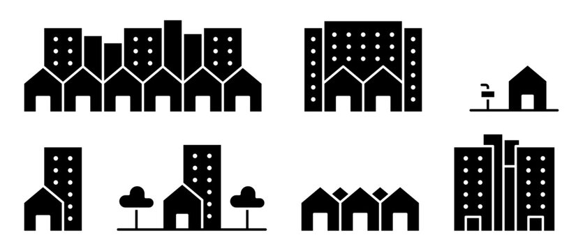 7 iconos de edificios residenciales para planificaci&oacute;n urbana que representan viviendas, vecindarios y desarrollo inmobiliario, estilo s&oacute;lido