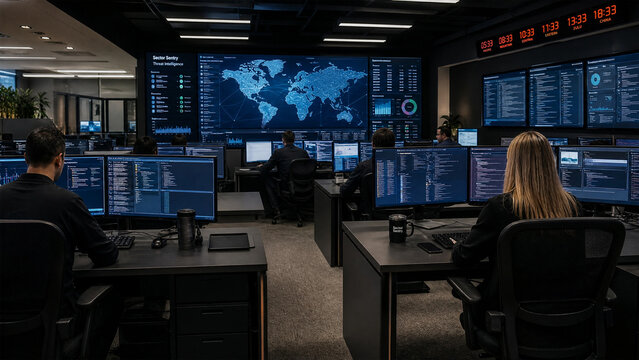Professional cybersecurity team members monitor global network threats and data intelligence in a modern dark control room