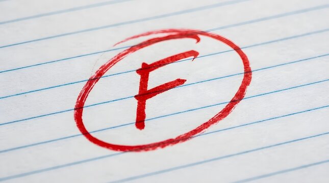 Failing Grade F Circled in Red Marker on Lined Notebook Paper Close Up