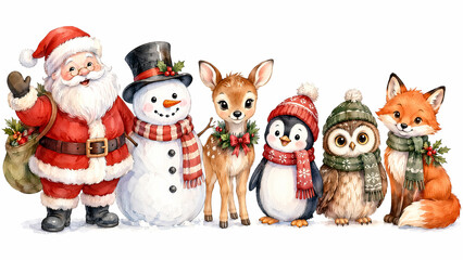 Fototapeta premium Watercolor illustration featuring Santa Claus, snowman, and cute woodland animals