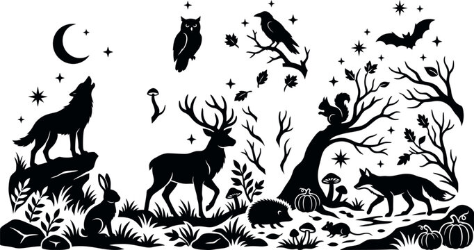 Halloween Forest Animals Silhouette with Moon and Bats