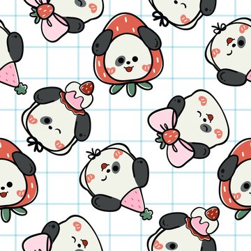 Cute Strawberry Puppy Character Seamless Pattern with Party Hat, Bows and Grid Background