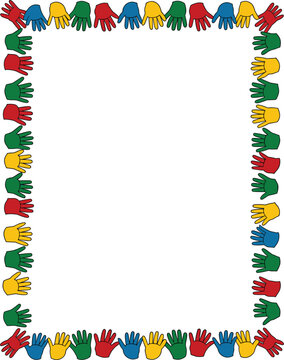 Colorful children handprints frame border template isolated on white background, school blank copy space vector