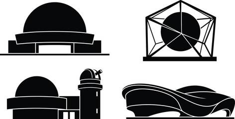 Modern Planetarium and Observatory Building Silhouette Set with Futuristic Architecture Designs for Science, Astronomy, and Space Education Vector Graphics © MD