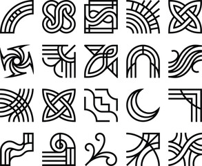 Obraz premium A elaborate array of various geometric patterns and non-representational symbolic line rendering icons for original structure layout projects.