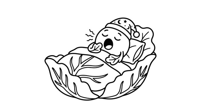Cute cartoon cabbage character sleeping in a cozy bed.