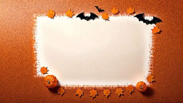 Halloween frame background with pumpkins bats and autumn maple leaves on orange