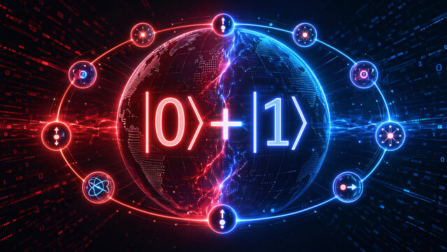 Quantum mechanics superposition concept with digital red and blue globe