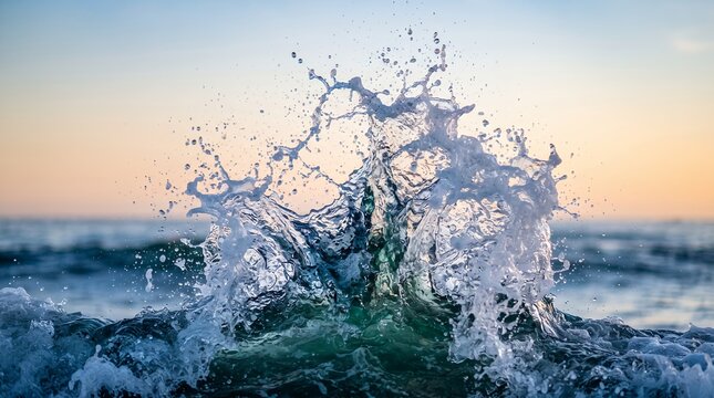 A powerful wave crashes creating a stunning splash of water droplets against the ocean backdrop during a serene sunset