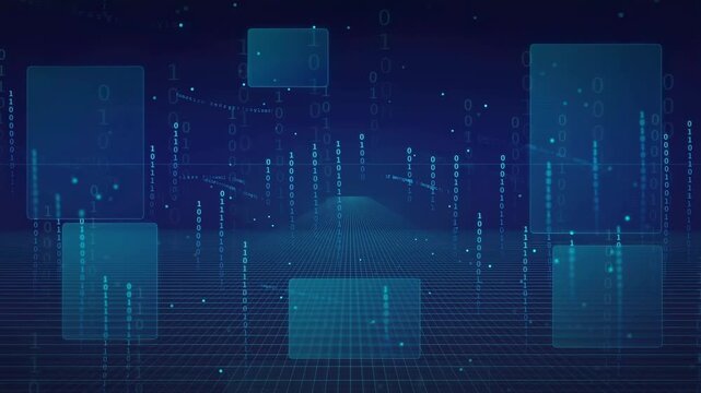 Abstract Digital Data Stream with Floating Blue Screens and Binary Code in Cyberspace