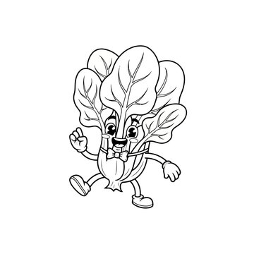 Cute cartoon spinach vegetable character coloring page for kids.