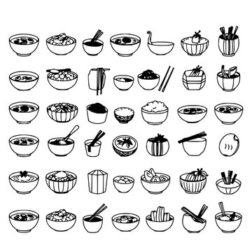 Asian dishes set with 24 simple black-and-white line drawings arranged in a 6x4 grid featuring sushi, dumplings, noodles, rice, soup with minimalist illustration and vector graphics