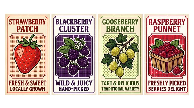 A collection of four vintage-style labels featuring different berries: strawberry, blackberry, gooseberry, and raspberry, each with a brief descriptive text and illustration