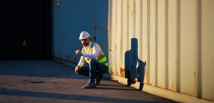 Handsome caucasian male dock foreman worker in white hard hat helmet and high-visibility vest working in Shipping Cargo Container Terminal Depot