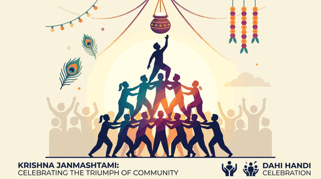 A dynamic flat design illustration capturing the silhouette of a human pyramid breaking the Dahi Handi, symbolizing Krishna's playful nature during a lively Janmashtami festival.