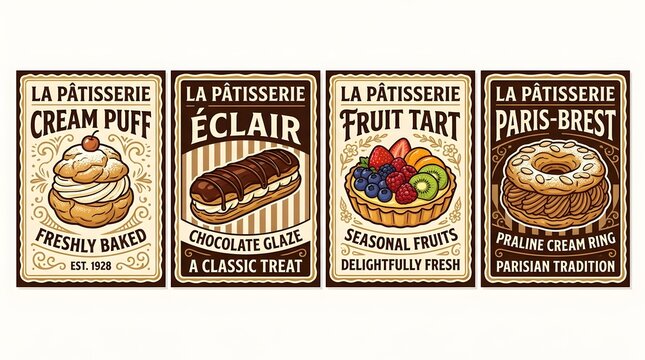 A collection of four vintage-style pastry posters, each advertising a different delectable treat: cream puff, &eacute;clair, fruit tart, and Paris-Brest, with enticing descriptions below each image
