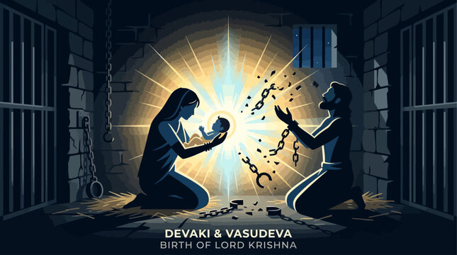 A symbolic flat design illustration depicting the silhouette of Devaki and Vasudeva witnessing the divine birth of baby Krishna in a prison cell, a core event of Janmashtami.