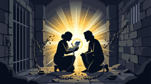 A symbolic flat design illustration depicting the silhouette of Devaki and Vasudeva witnessing the divine birth of baby Krishna in a prison cell, a core event of Janmashtami.