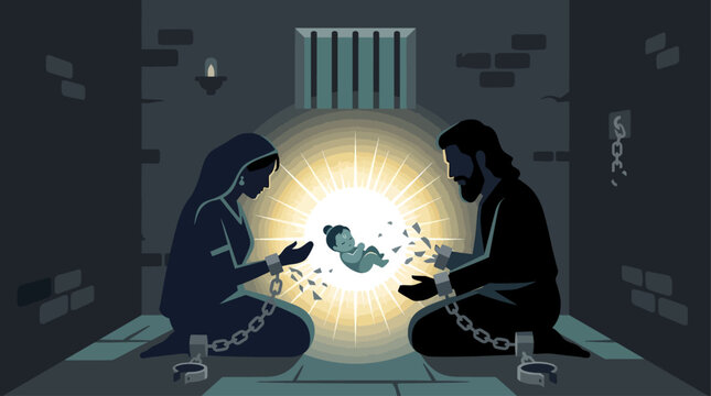 A symbolic flat design illustration depicting the silhouette of Devaki and Vasudeva witnessing the divine birth of baby Krishna in a prison cell, a core event of Janmashtami.