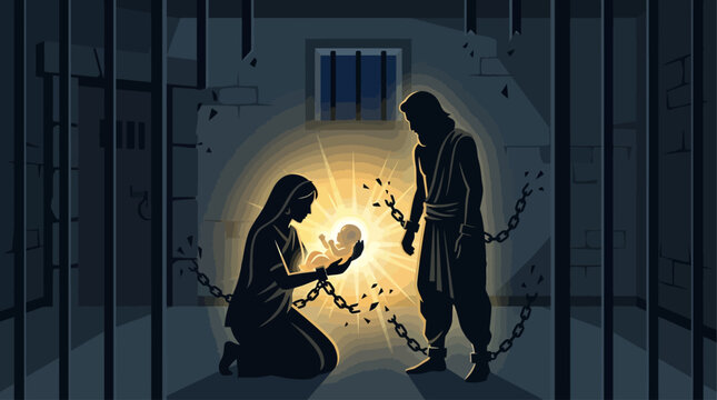 A symbolic flat design illustration depicting the silhouette of Devaki and Vasudeva witnessing the divine birth of baby Krishna in a prison cell, a core event of Janmashtami.