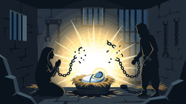 A symbolic flat design illustration depicting the silhouette of Devaki and Vasudeva witnessing the divine birth of baby Krishna in a prison cell, a core event of Janmashtami.