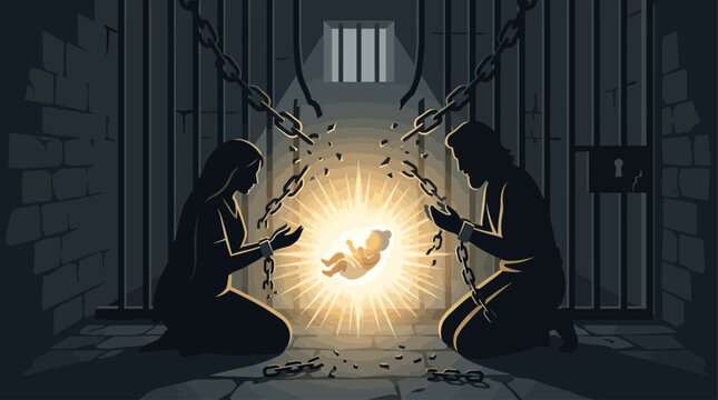 A symbolic flat design illustration depicting the silhouette of Devaki and Vasudeva witnessing the divine birth of baby Krishna in a prison cell, a core event of Janmashtami.