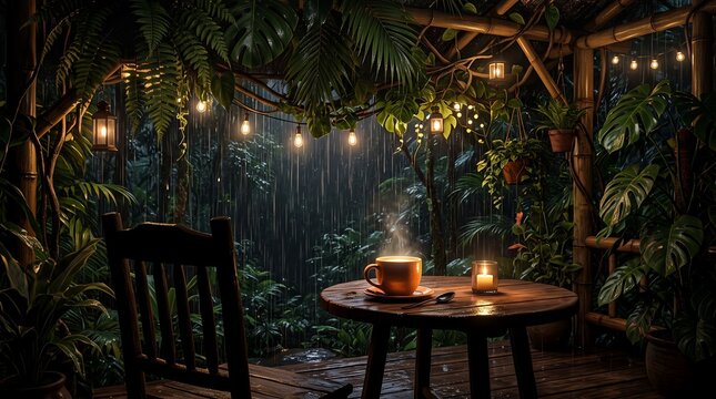 A cozy outdoor setting features a steaming cup of tea on a rustic table under warm string lights during a gentle rain in a lush jungle ambiance