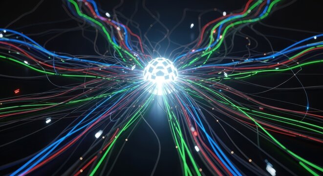 A glowing central sphere connected to radiating streams of neon light energy