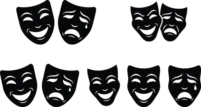Theater Comedy and Tragedy Drama Mask Vector Icon Set Featuring Black Silhouette Melpomene and Thalia Symbols for Acting Performance and Creative Entertainment Designs