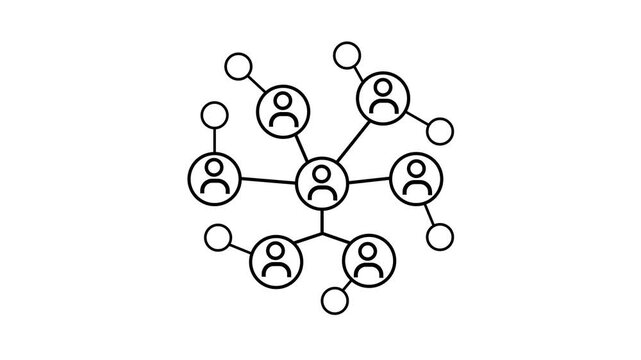 White animated social network icon. Network of connected people with peripheral circle nodes, ideal for illustrating social networks, teamwork, connectivity, relationships, communication, technology.