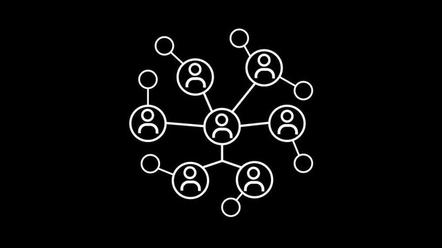White animated social network icon. Network of connected people with peripheral circle nodes, ideal for illustrating social networks, teamwork, connectivity, relationships, communication, technology.