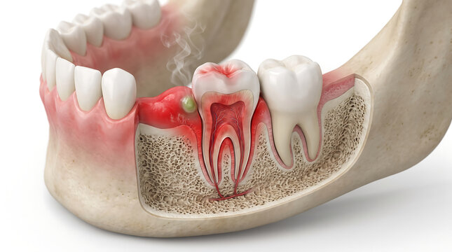 Detailed medical model of human jaw showing dental abscess and infection for dentistry training with dentistry infection pathology pulpitis treatment inflammation