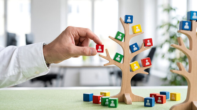 Corporate sustainability concept with wooden tree model and colorful human icon blocks in office environment sustainability business corporate management leadership