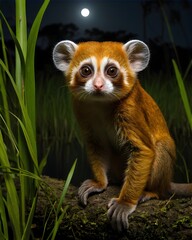 Fototapeta premium A orange pygmy slow loris, ai-generated, fantasy animal, in a spectral moonlit marsh