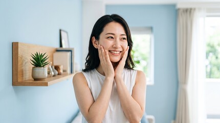 Fototapeta premium Young woman smiling with hands on cheeks doing morning skincare routine in bedroom skincare wellness lifestyle