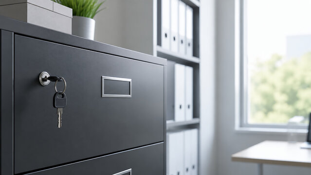 A modern office filing cabinet with a key inserted, surrounded by organized binders and a desk near a bright window.