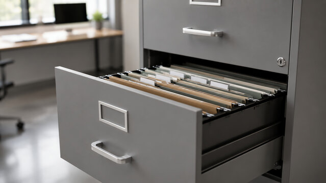 A metal filing cabinet drawer is open, showing organized hanging folders with documents inside a bright office setting.