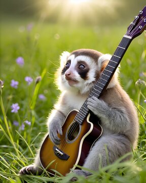 A  pygmy slow loris, ai-generated, fantasy animal,  in a sunlit spring meadow playing a guitar.
