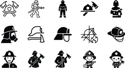 Obraz premium Set of black firefighter icons with helmets axes and rescue equipment for emergency services and fire safety design projects