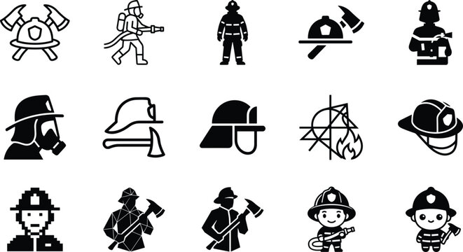 Set of black firefighter icons with helmets axes and rescue equipment for emergency services and fire safety design projects