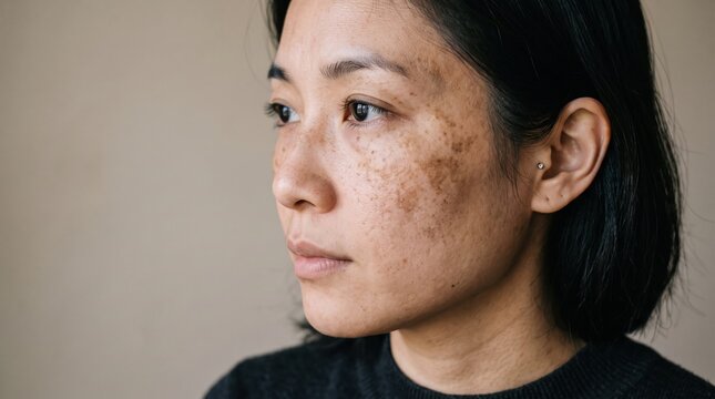 Close-up side profile of an asian woman showing natural skin texture and hyperpigmentation with hyperpigmentation