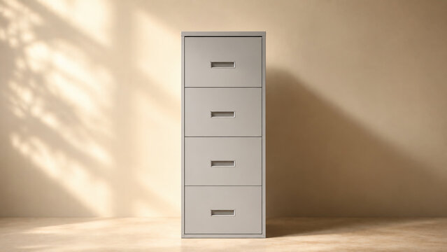 A minimalist four-drawer filing cabinet stands against a beige wall with soft natural light casting shadows.