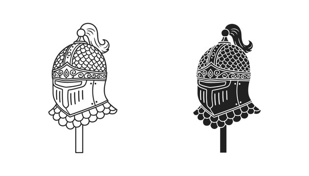 Medieval knight helmet icon set featuring ornate visor and plume design for fantasy gaming or historical heritage projects in clean vector line and solid black graphic styles