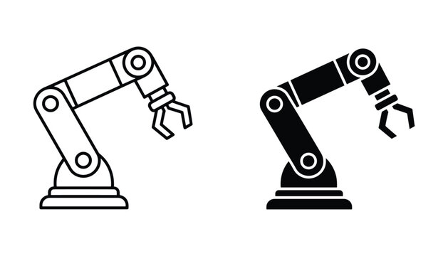 Industrial robotic arm icon set for manufacturing and automation technology concepts featuring mechanical precision tools in clean vector line art and solid black graphic design