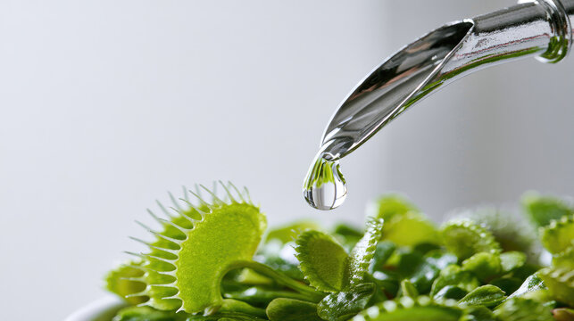 Watering venus fly trap macro close up crystal clear water droplet on green leaf with metal watering can, bright natural light, minimalist indoor background