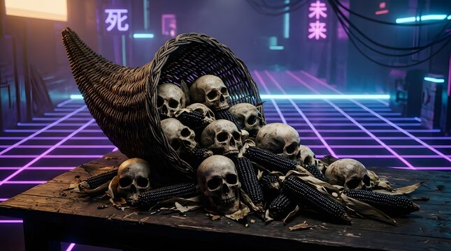 Dark thanksgiving still life cornucopia overflowing with skulls and black maize