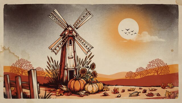 Halloween poster spooky windmill scene with pumpkins and sunflowers on a farm