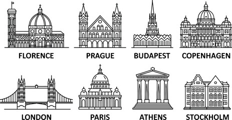 Obraz premium Flat European city landmarks vector icon set modern minimalist travel architecture destination silhouette collection