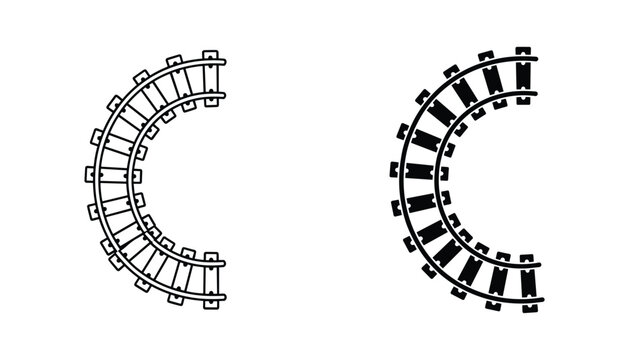 Curved railway track segment black silhouette and linear outline icon set for train transportation or industrial engineering graphic design projects isolated on white background for web